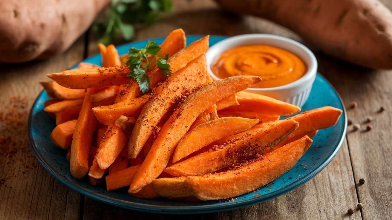 A plate of crispy chipotle sweet potato fries served with dipping sauce, fresh sweet potatoes in the background.