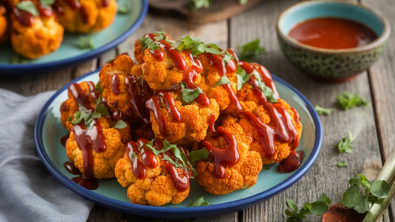 A plate of crispy spicy vegan BBQ cauliflower bites with BBQ sauce on a wooden table.