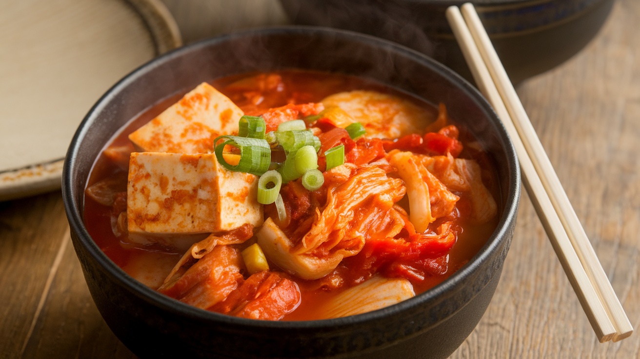 A bowl of Vegan Kimchi Jjigae with kimchi, tofu, and vegetables, garnished with green onions.