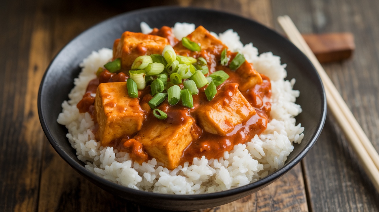 A bowl of Vegan Mapo Tofu with rice, garnished with green onions on a wooden table.