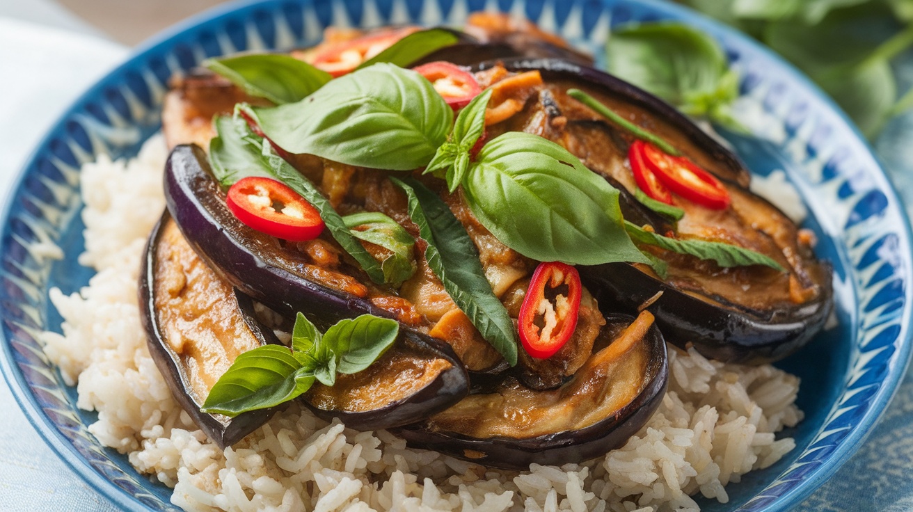 A vibrant plate of spicy Vegan Thai Basil Eggplant Stir-Fry with eggplant, basil, and rice.