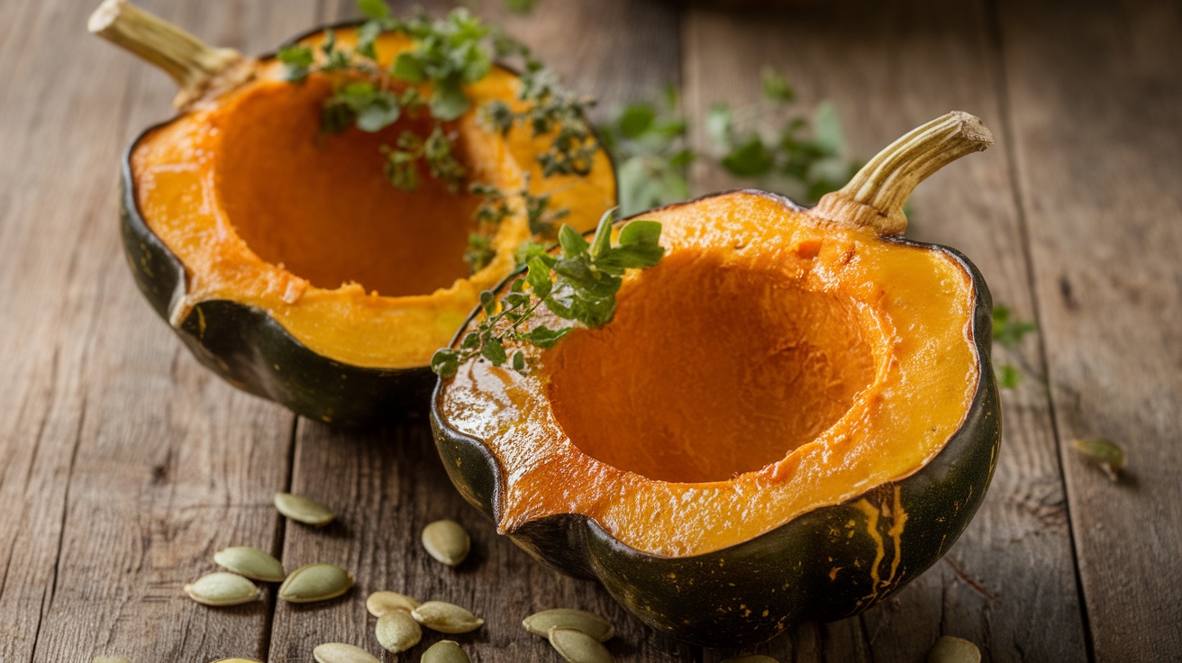 Roasted acorn squash halves, garnished with herbs, showcasing a caramelized exterior on a rustic table.