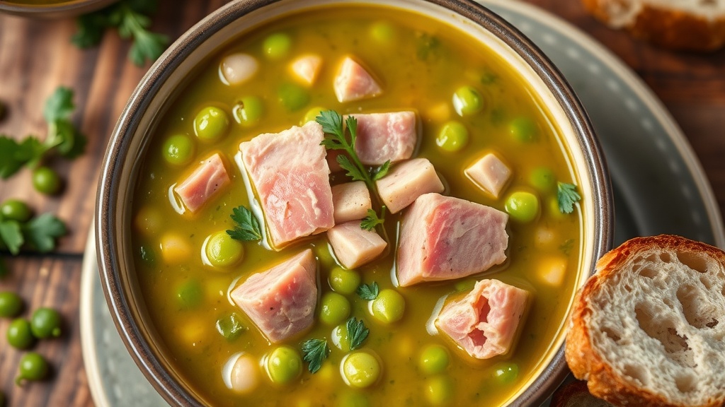 A bowl of hearty split pea soup with ham and parsley, alongside crusty bread on a wooden table.