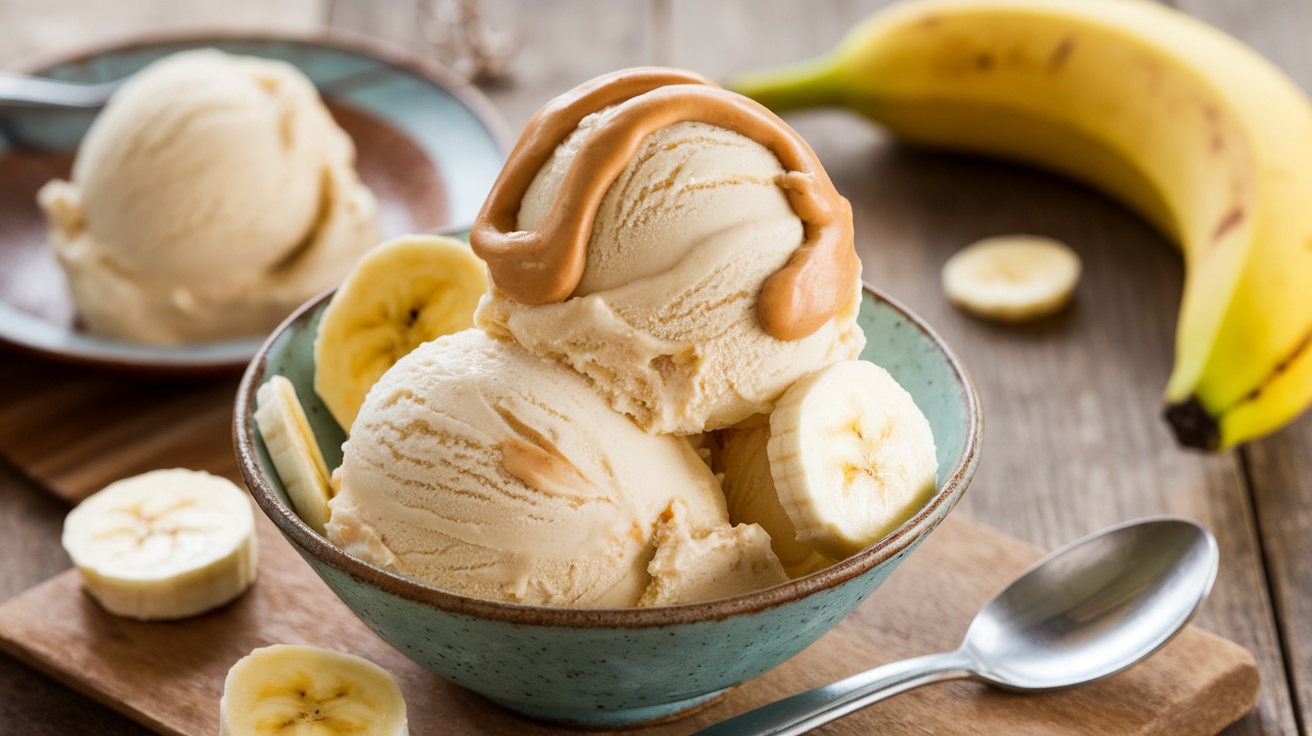 Creamy peanut butter banana ice cream in a bowl, garnished with banana slices, with fresh bananas in the background.