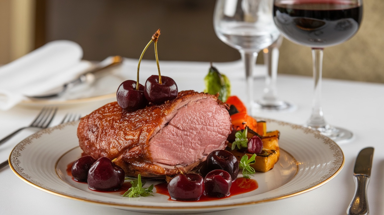 Plated duck breast with cherry port sauce, garnished with cherries and served with roasted vegetables on an elegant table.