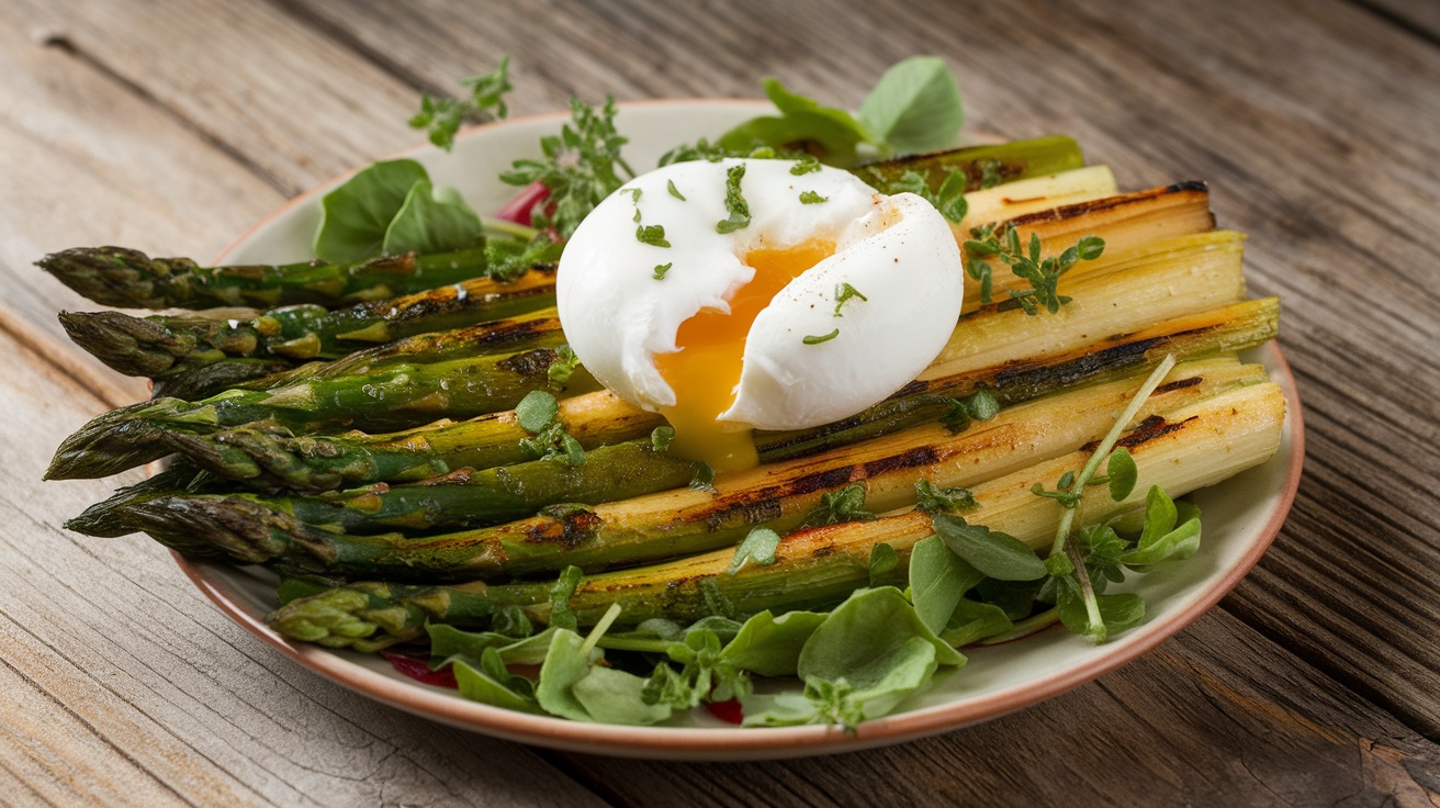 Grilled asparagus salad with a poached egg, garnished with herbs, served on a wooden table.