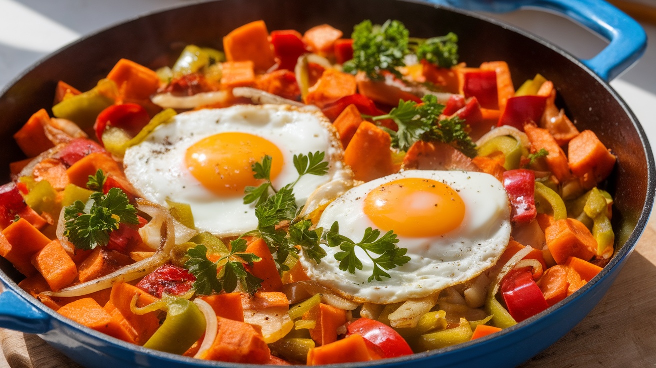 A colorful breakfast hash with sweet potatoes, bell peppers, and eggs in a skillet, garnished with parsley.