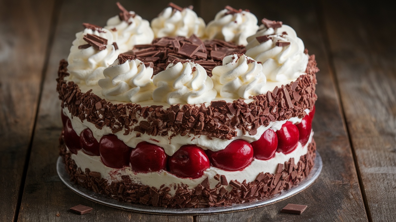 A Vegan Black Forest Cake with chocolate layers, cherries, and vegan whipped cream, garnished with chocolate shavings on a rustic table.