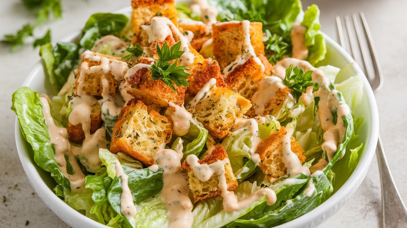 A colorful Vegan Caesar Salad with romaine lettuce, croutons, and creamy dressing, garnished with parsley.