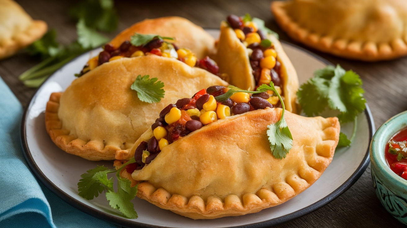 Vegan empanadas filled with black beans and corn, served with salsa on a rustic table.