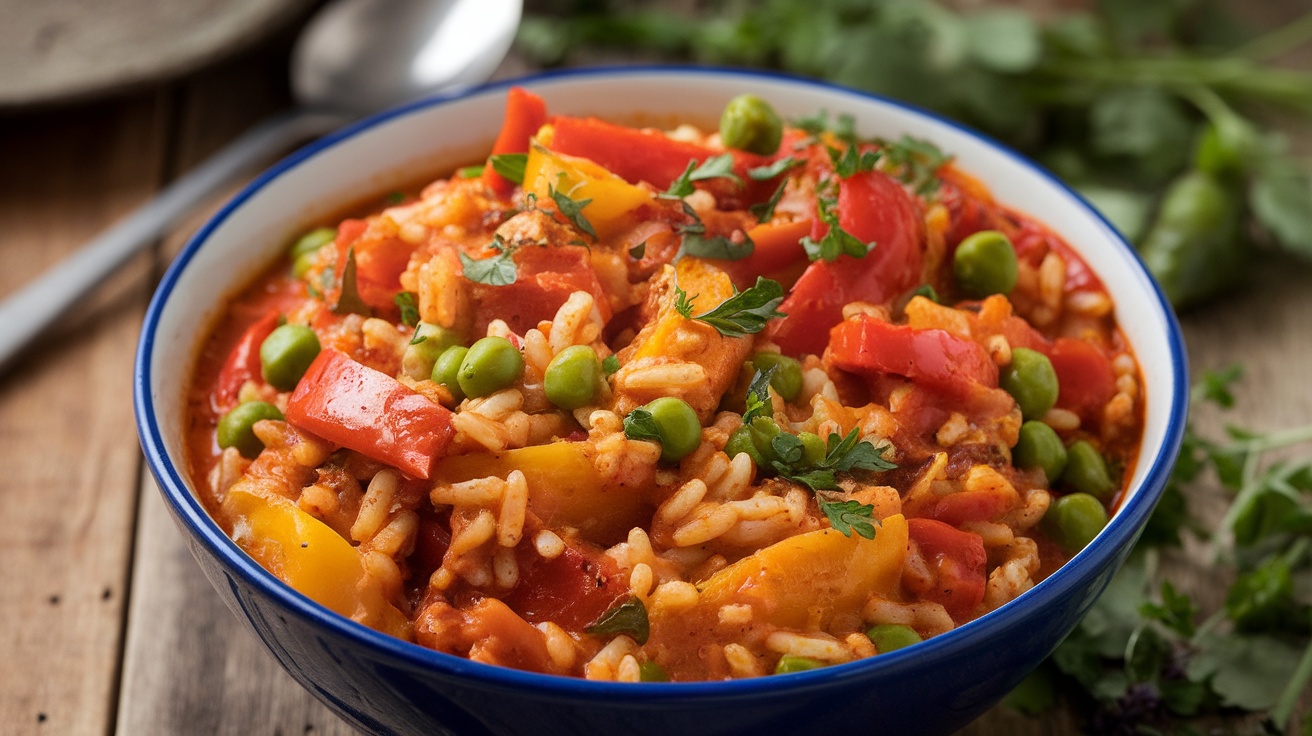 A bowl of Vegan Jambalaya with colorful vegetables and rice, garnished with herbs, on a rustic table.