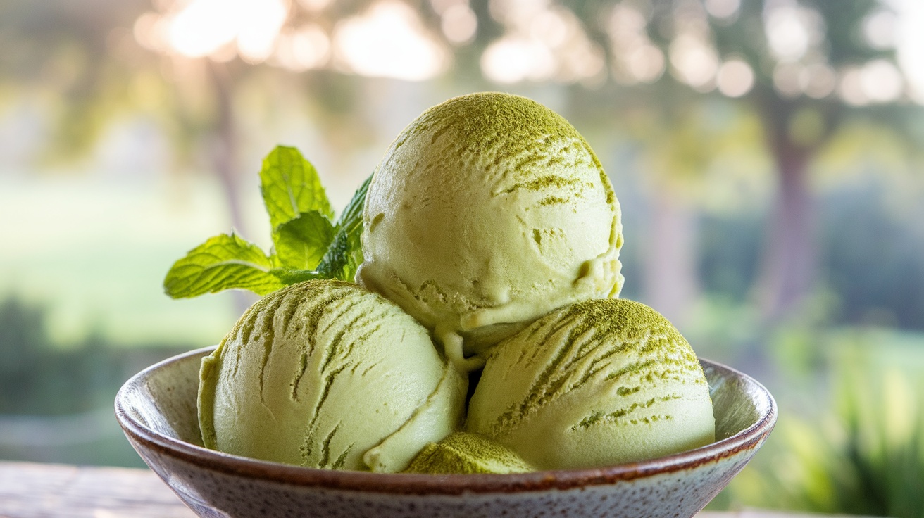 Creamy vegan matcha ice cream in a bowl, garnished with matcha powder and mint leaves, set in a sunny outdoor setting.