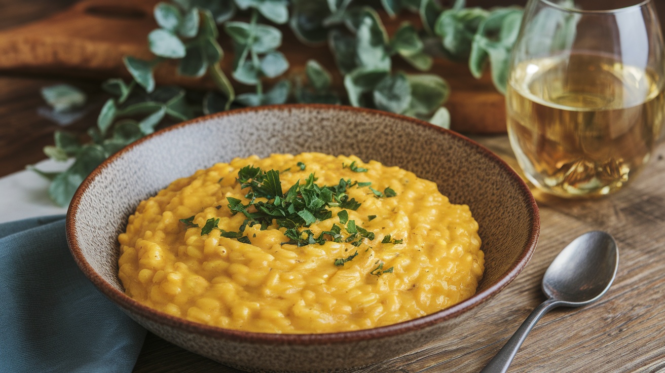 Vegan saffron risotto served in a bowl with parsley garnish on a wooden table.