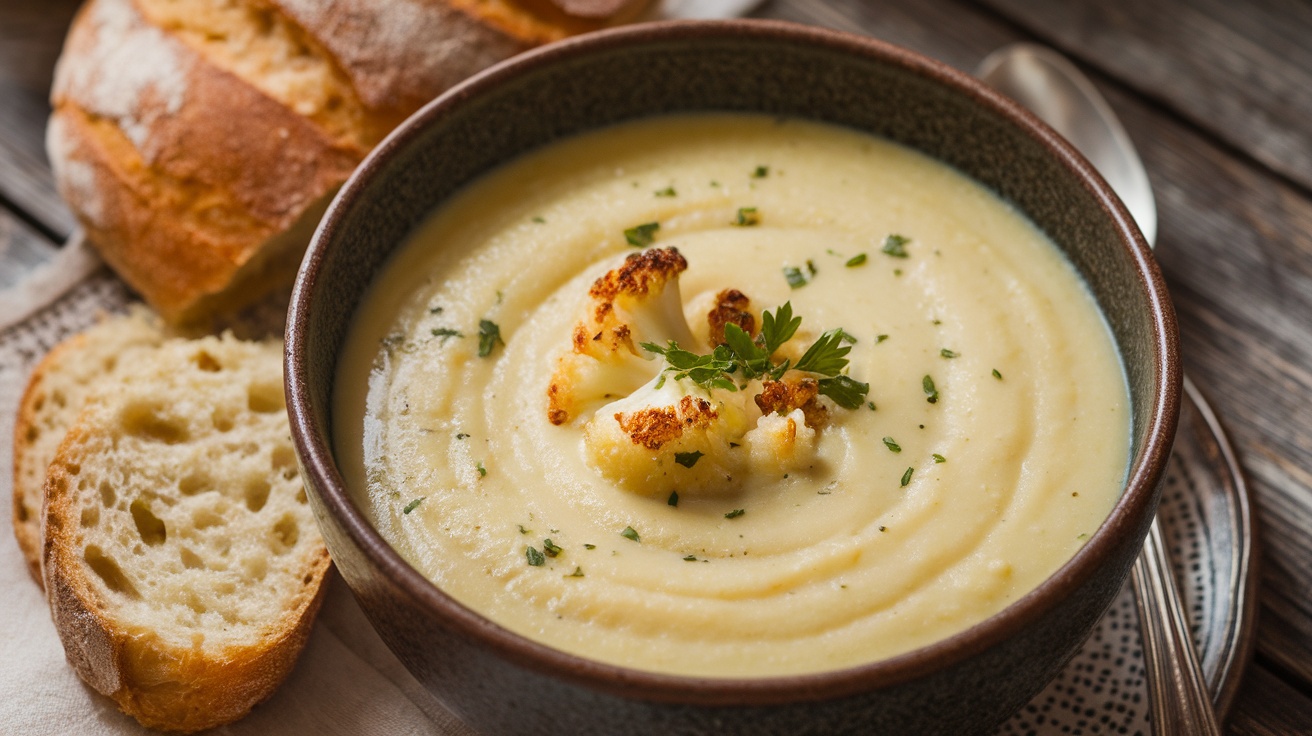 Creamy vegan roasted cauliflower soup in a bowl, garnished with parsley, on a wooden table with bread.