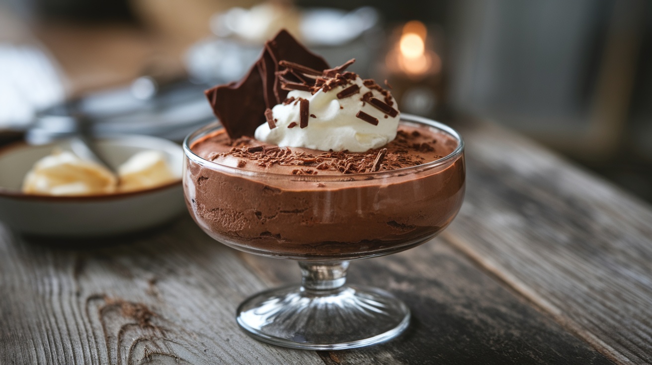 Delicious chocolate mousse in a glass topped with whipped cream and chocolate shavings.