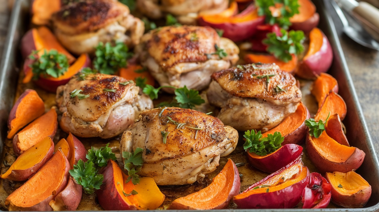 A delicious chicken and sweet potato sheet pan meal with roasted chicken thighs, sweet potatoes, bell peppers, and onions, garnished with parsley.