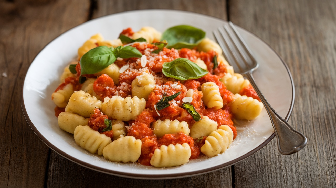 Plate of vegan gnocchi with tomato basil sauce and fresh basil, served on a rustic table.