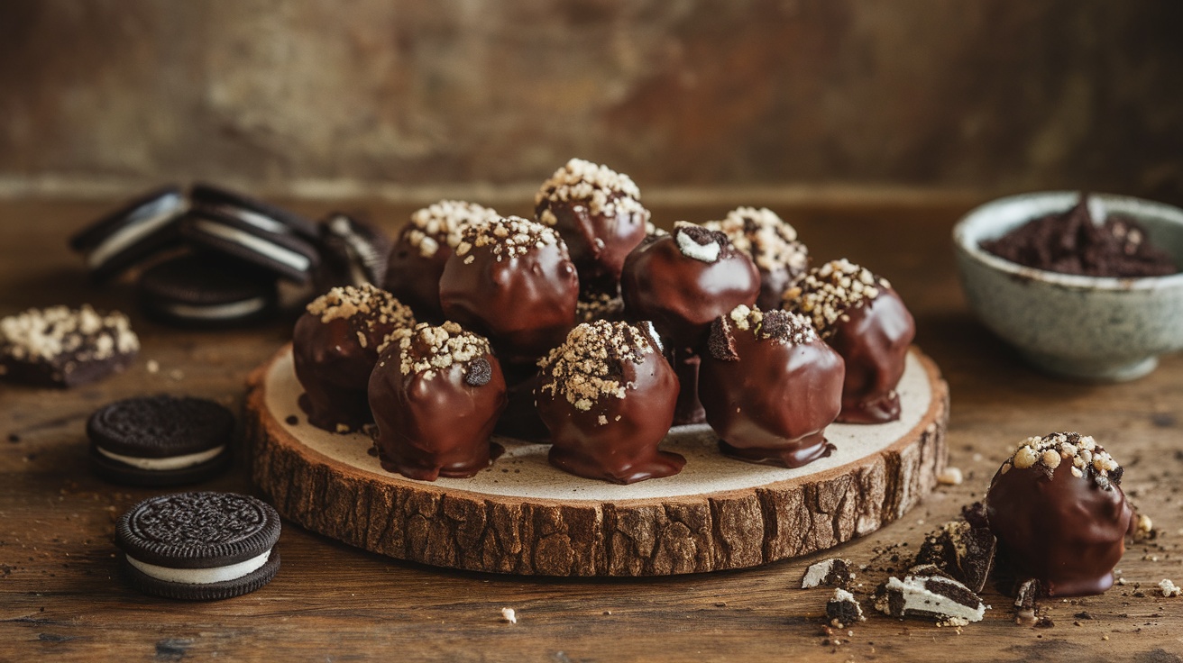 A beautiful assortment of chocolate-covered Oreo truffles with crushed Oreos on top, displayed on a rustic wooden plate.