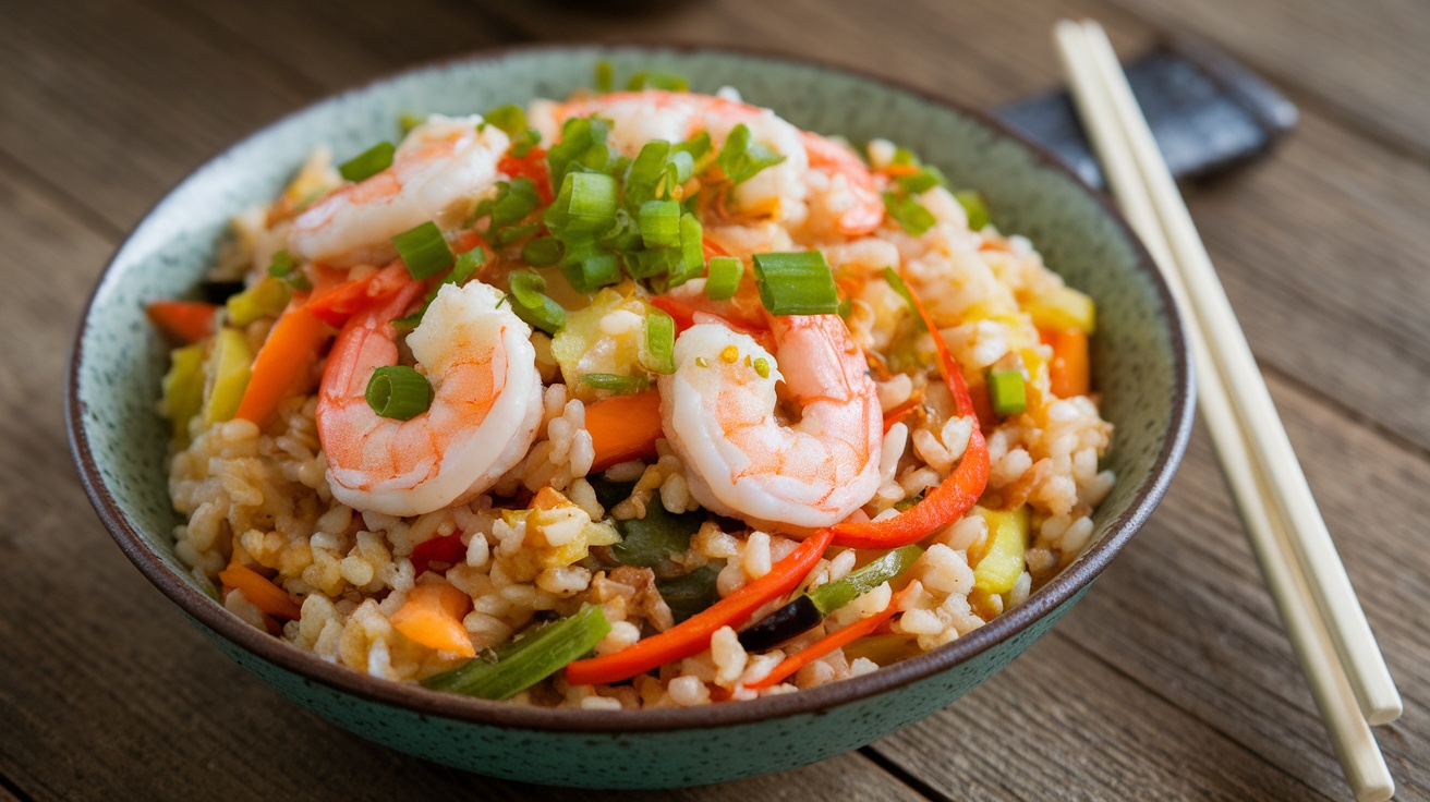 Shrimp Cauliflower Fried Rice with mixed vegetables and green onions in a rustic bowl.