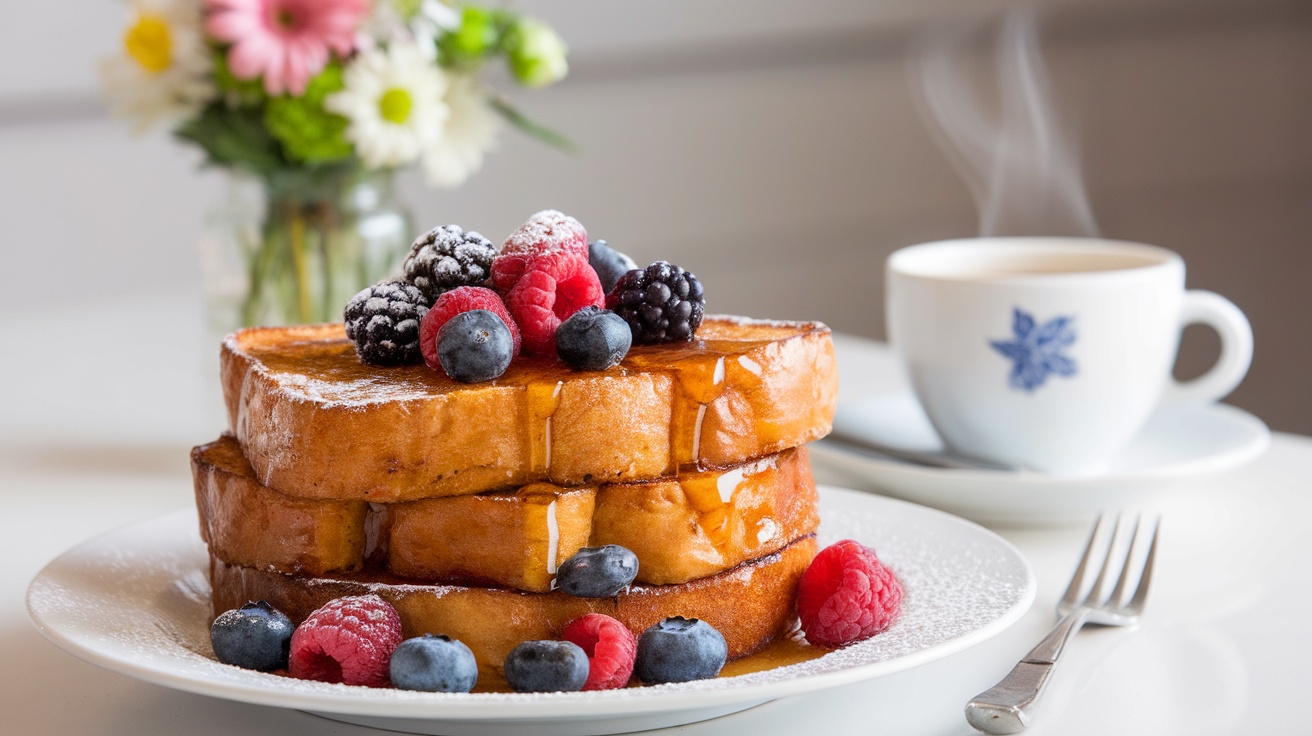 Stack of vegan French toast topped with fresh berries and maple syrup on a breakfast table.