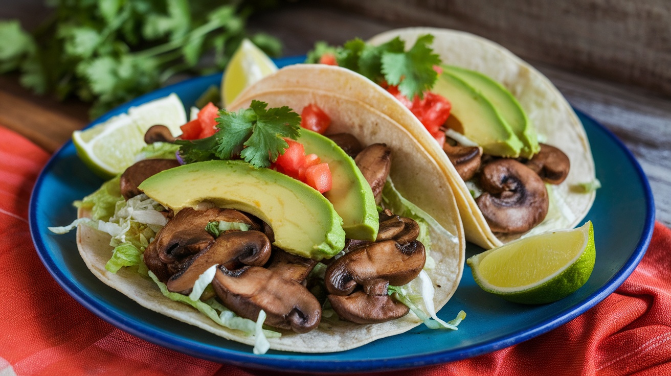 Delicious vegan mushroom tacos with toppings of avocado, lettuce, and tomatoes on a plate with lime wedges.