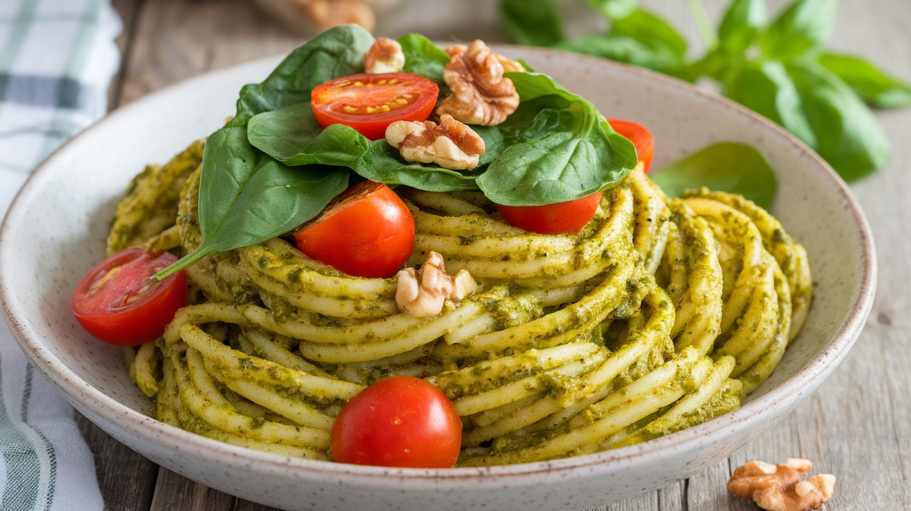 A colorful bowl of vegan pesto pasta with tomatoes and spinach, garnished with walnuts on a wooden table.