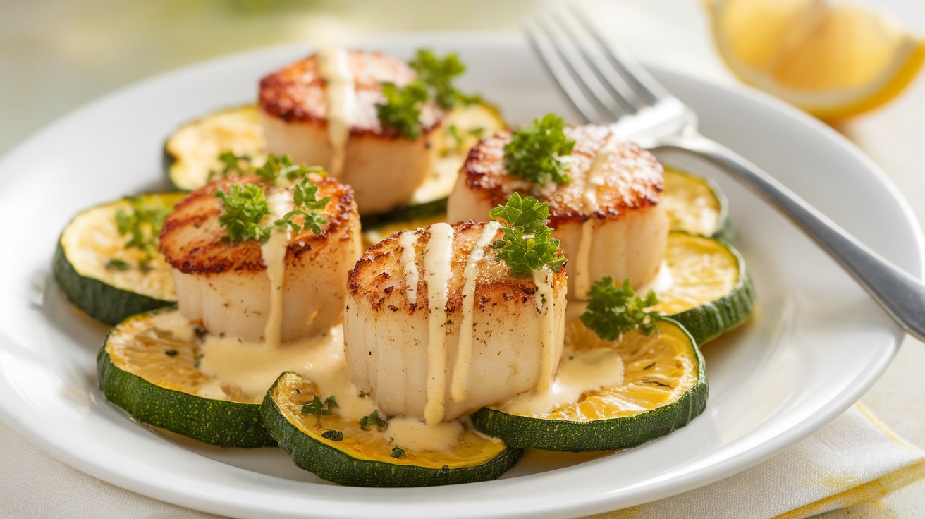 Plated Lemon Butter Scallops with Roasted Zucchini, garnished with parsley on a white plate.