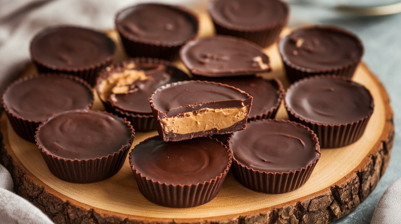 Homemade vegan peanut butter cups with dark chocolate exterior and creamy peanut butter filling, presented on a wooden platter.