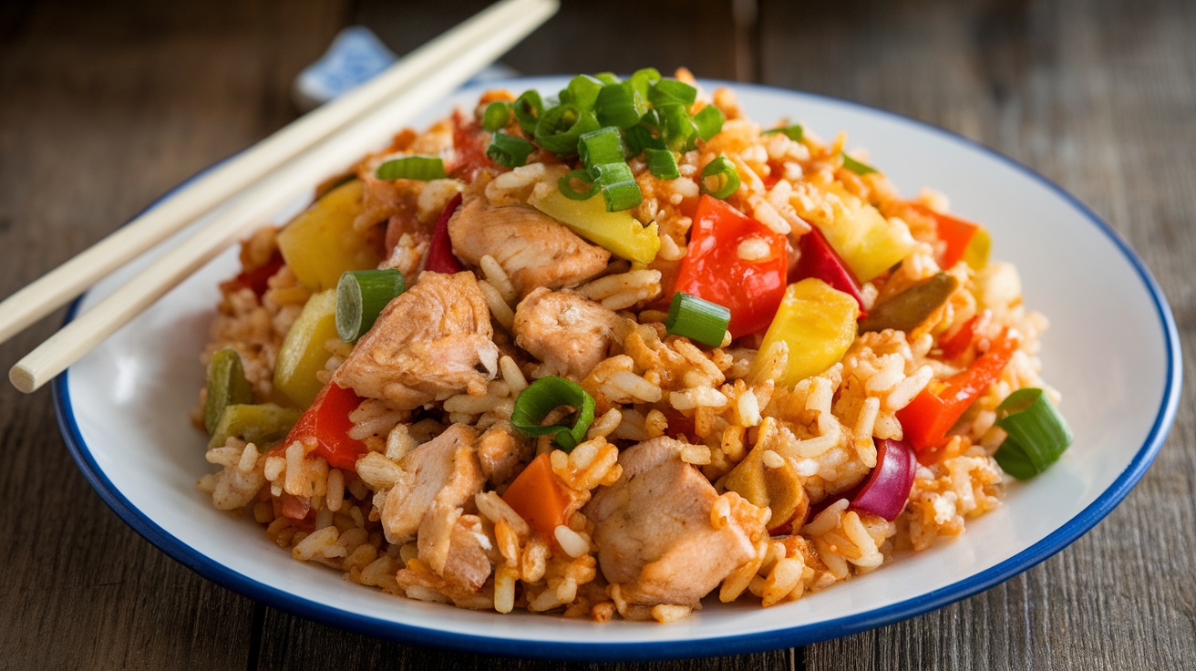 A colorful plate of gluten-free chicken fried rice with vegetables and chicken, garnished with green onions.