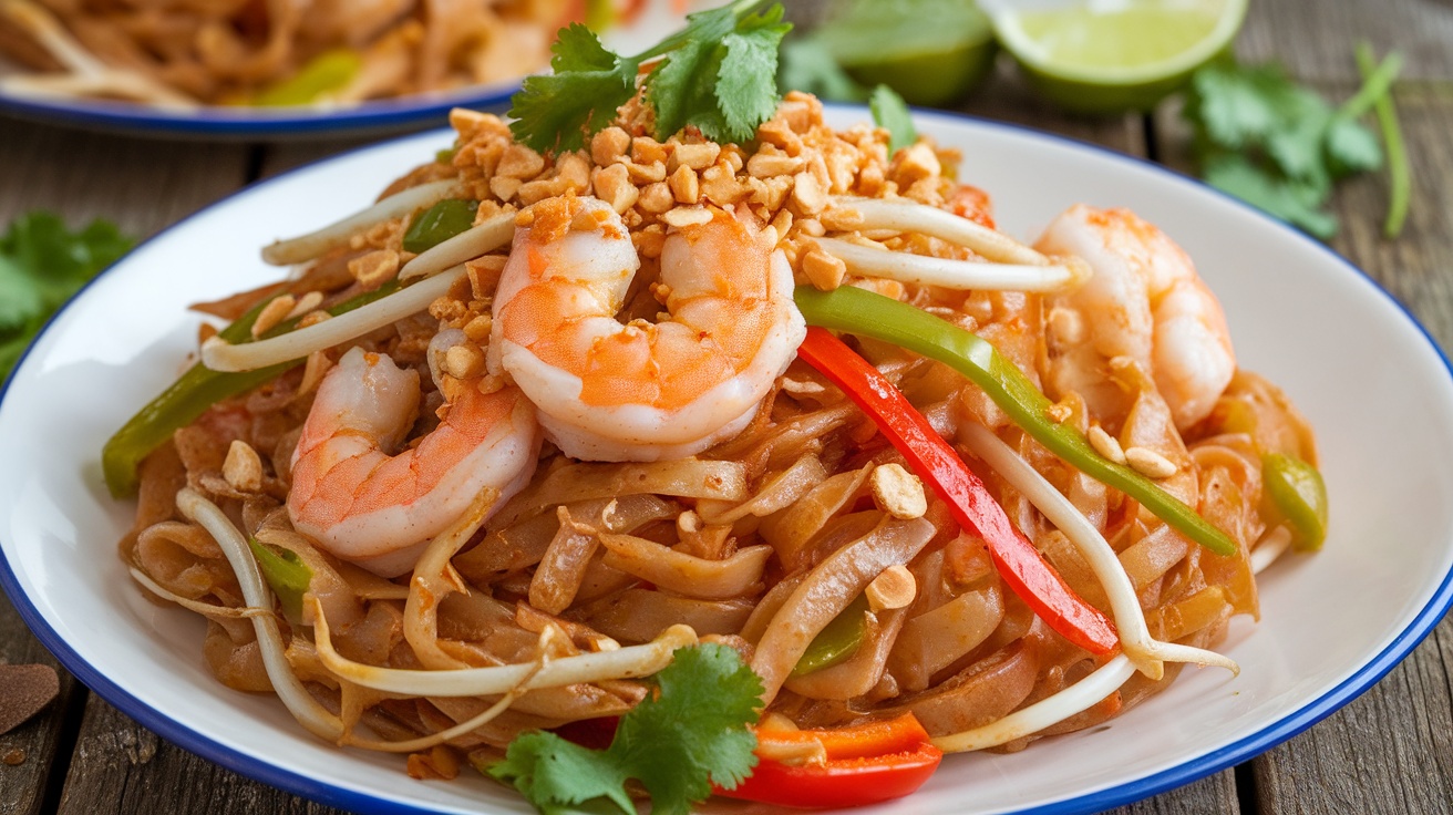 A colorful plate of gluten-free Pad Thai with shrimp and peanuts, garnished with cilantro on a rustic table.