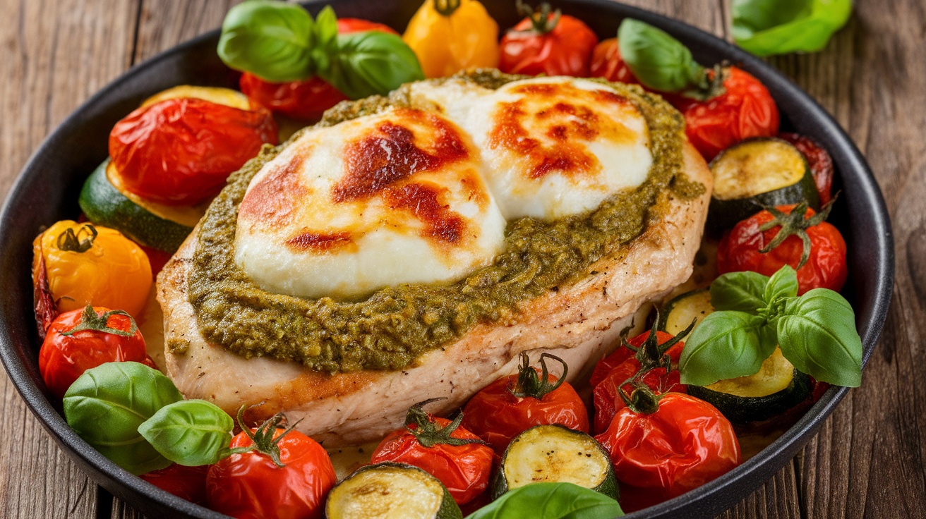 Baked chicken with pesto sauce and roasted vegetables on a rustic table, garnished with basil.