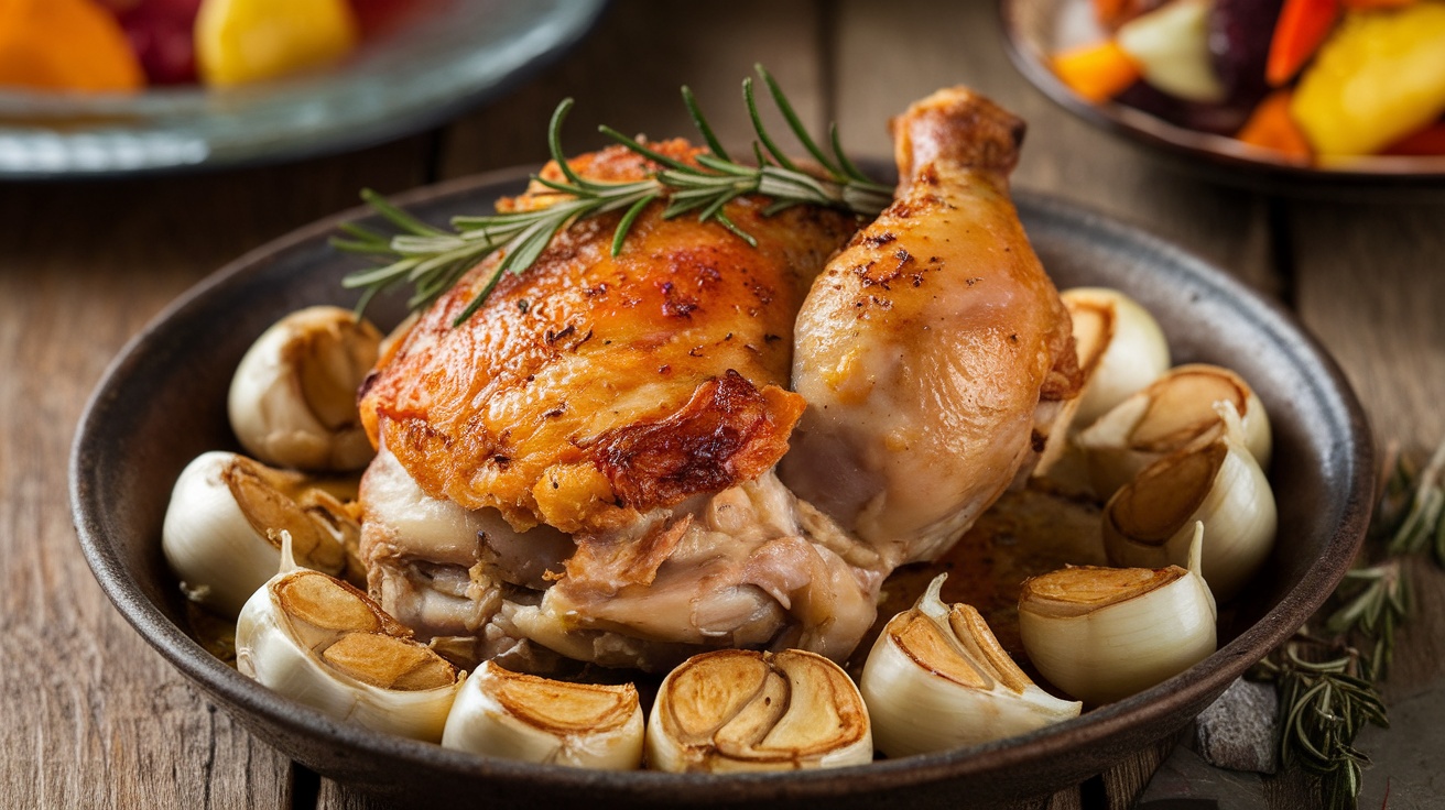 A savory oven-baked chicken thigh garnished with rosemary and garlic on a wooden table with roasted vegetables.