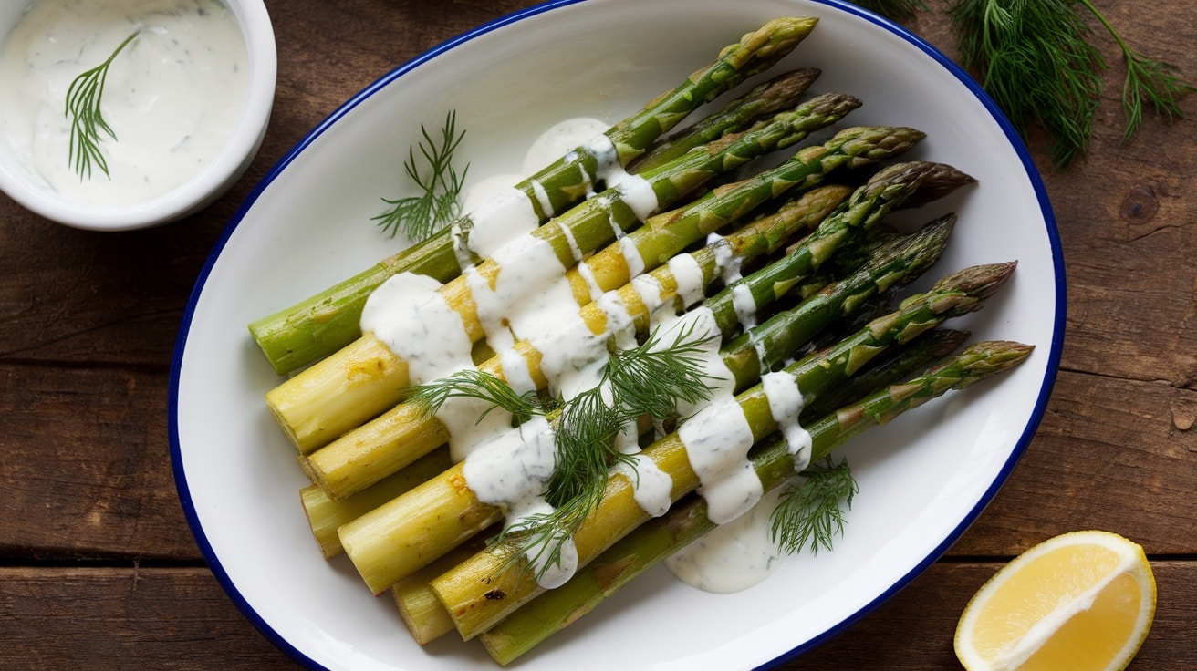 Plate of roasted asparagus topped with dill yogurt sauce, garnished with dill and lemon.