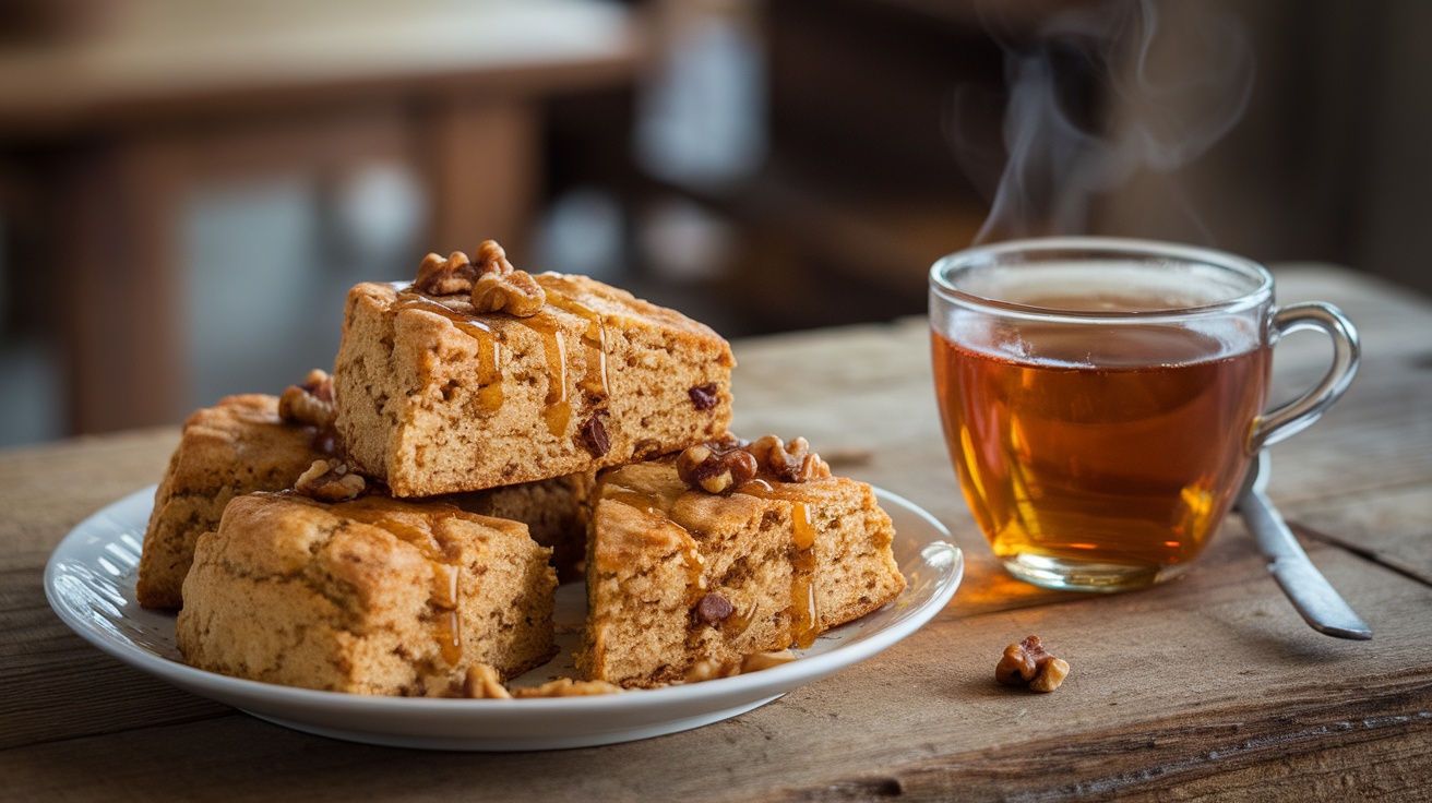 Freshly baked Vegan Maple Walnut Scones on a plate with maple syrup drizzle and walnuts, next to a cup of tea.