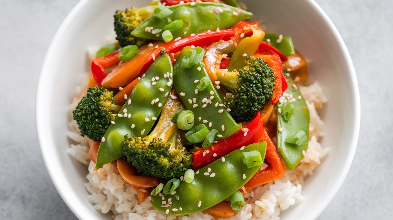 A colorful vegan stir fry with broccoli, snap peas, and bell peppers over rice, garnished with sesame seeds and green onions.