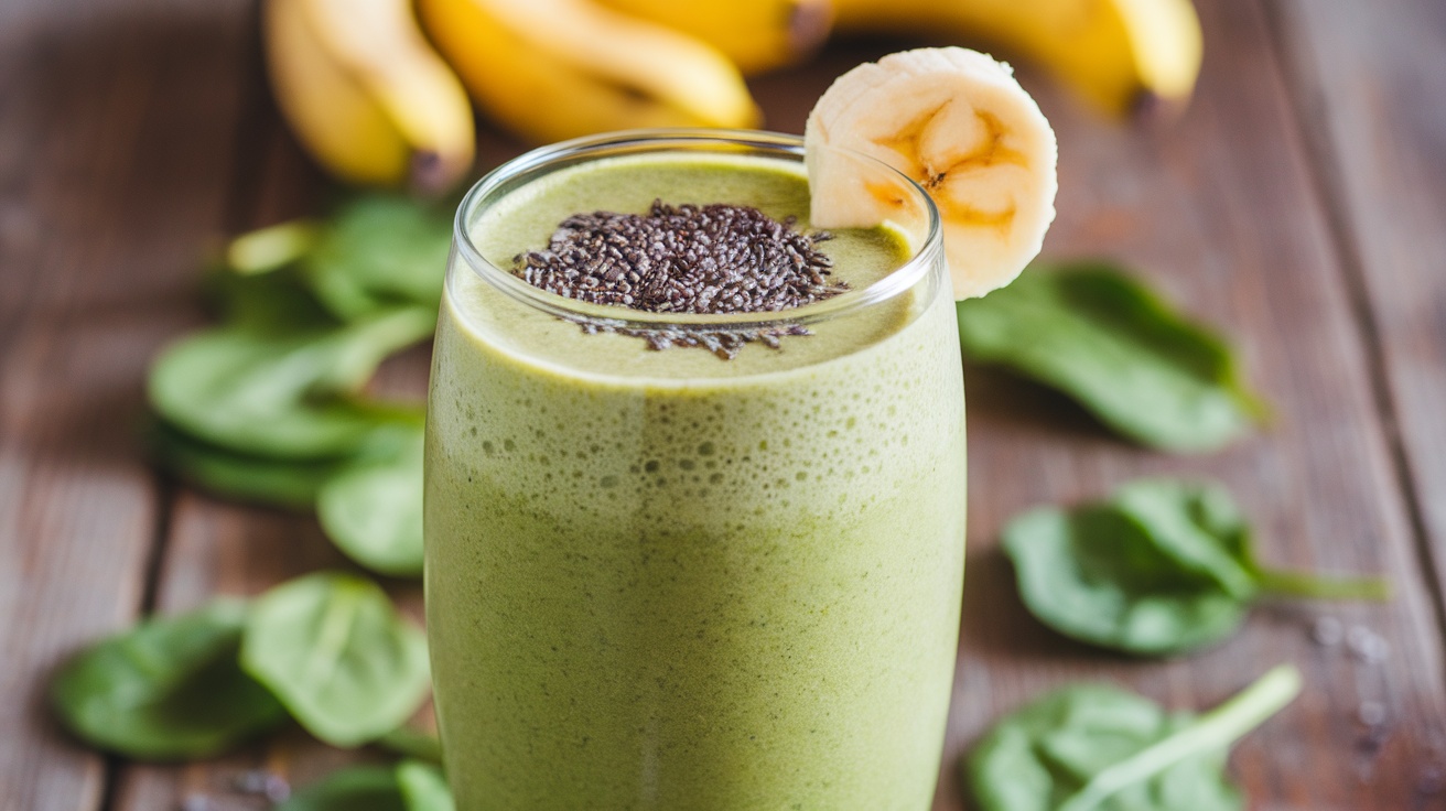 A refreshing green smoothie in a clear glass, topped with chia seeds and a banana slice, on a rustic table with spinach and bananas.