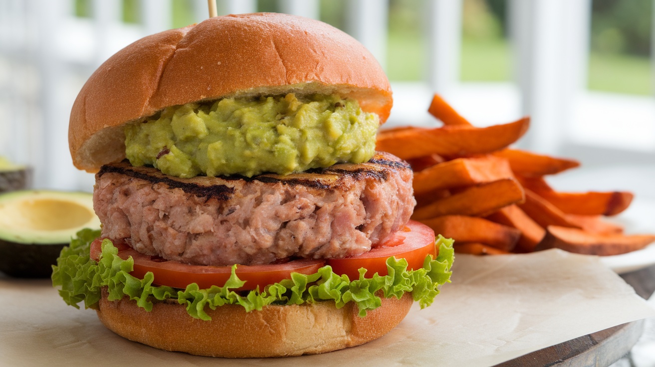 Grilled turkey burger with guacamole on gluten-free bun, garnished with lettuce and tomatoes, with sweet potato fries.