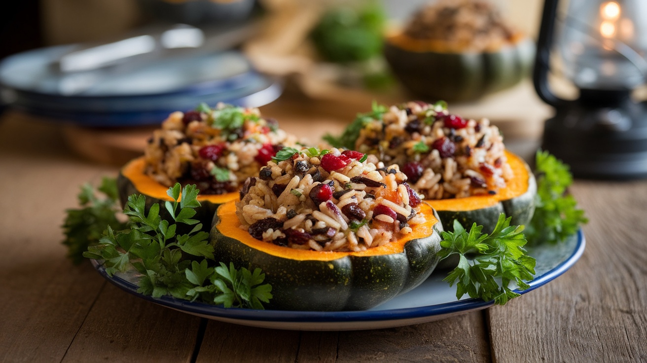 Stuffed acorn squash filled with wild rice and cranberries, garnished with parsley, on a rustic table.