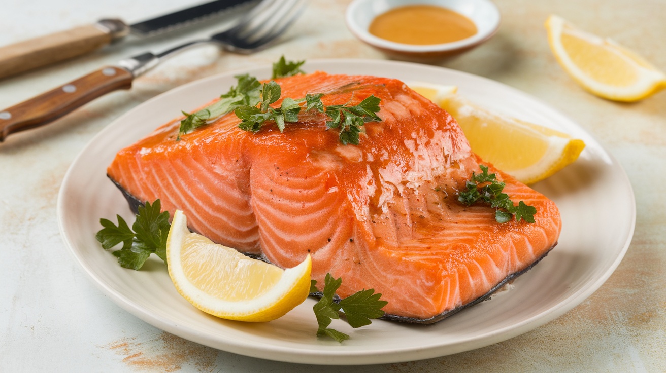 Baked salmon fillet with honey Dijon glaze on a plate, garnished with parsley and lemon, ready to be served.