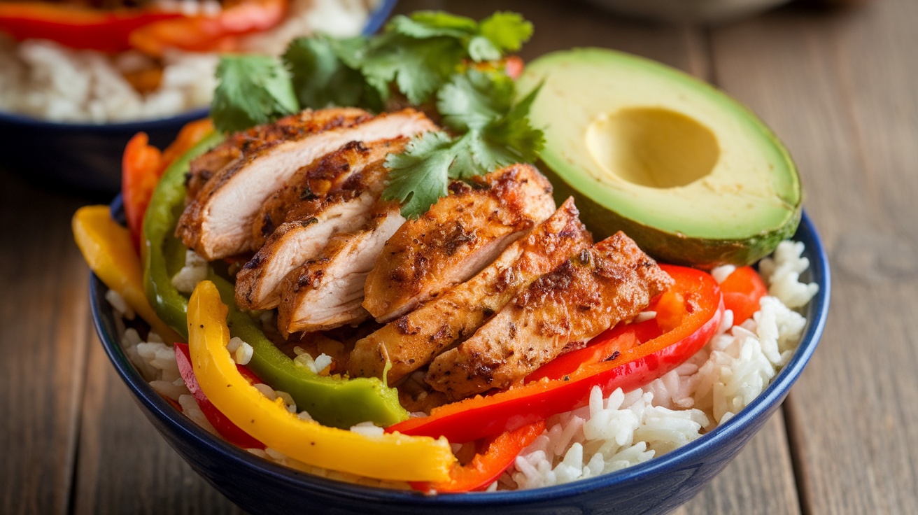 A colorful Chicken Fajita Bowl with rice, chicken, bell peppers, and avocado on a rustic table.