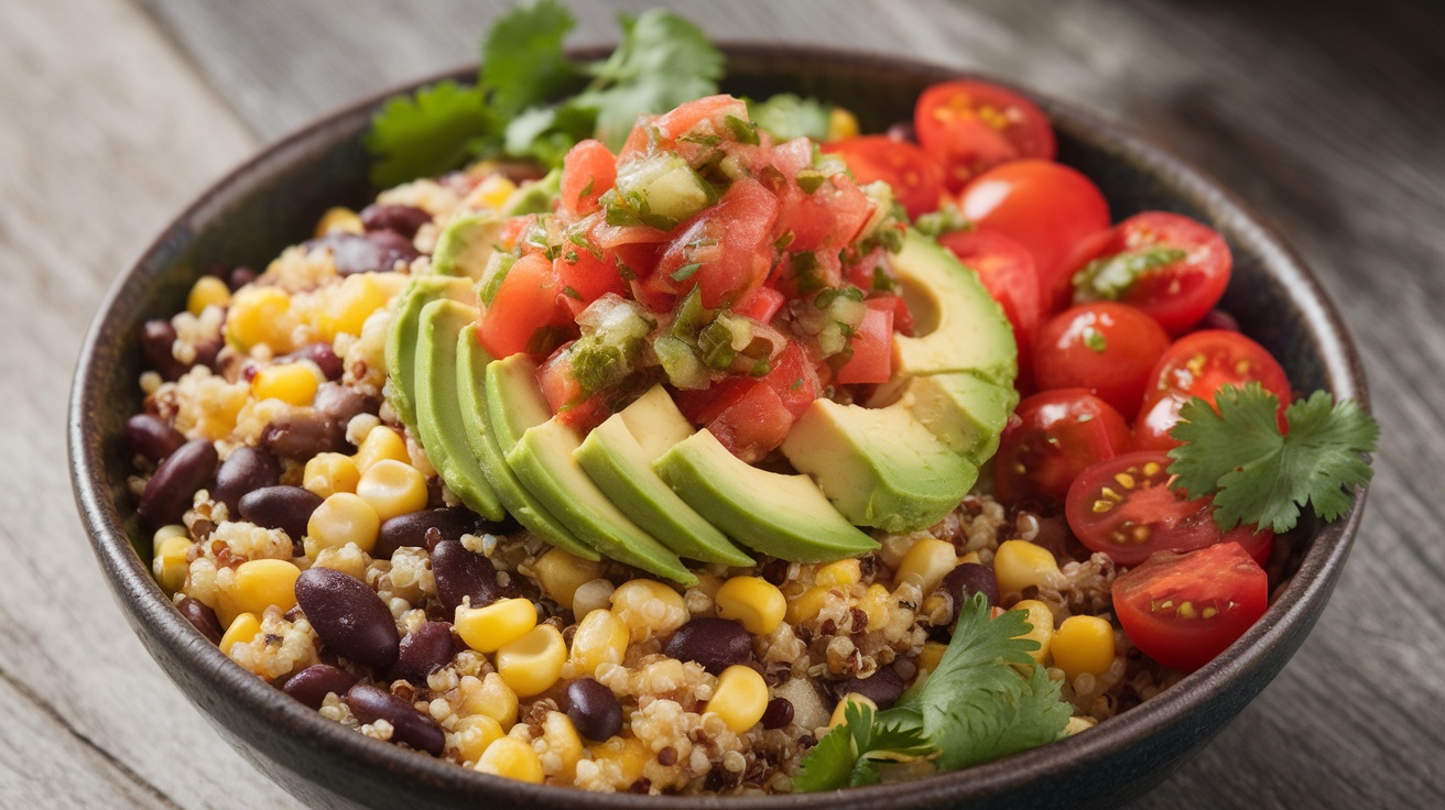 A colorful Mexican Quinoa Bowl with black beans, corn, cherry tomatoes, avocado, and salsa, garnished with cilantro.