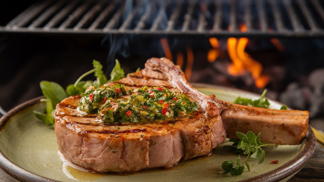 Grilled pork chop with chimichurri sauce on a rustic plate, garnished with herbs.