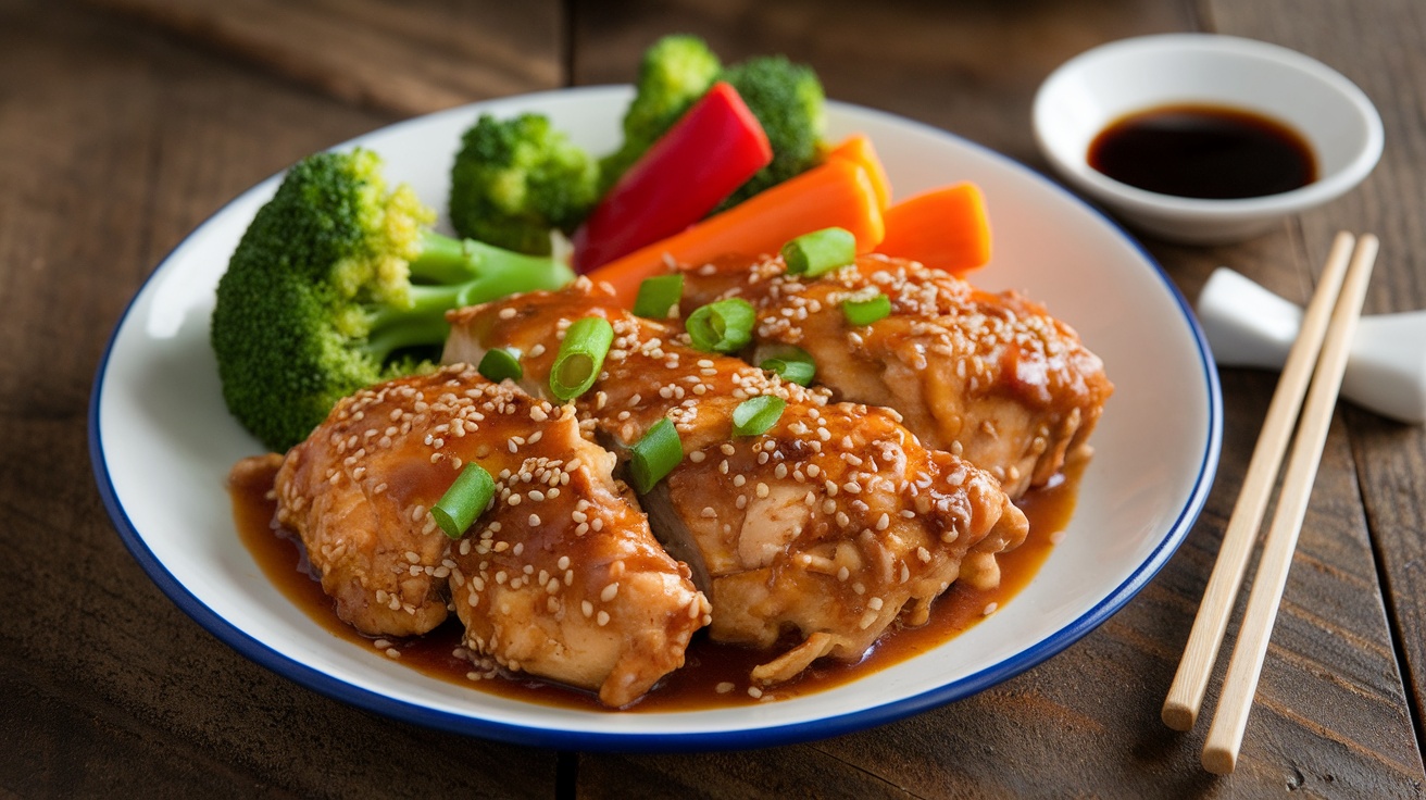 A satisfying plate of sesame ginger chicken with steamed vegetables like broccoli and carrots, garnished with sesame seeds and green onions.