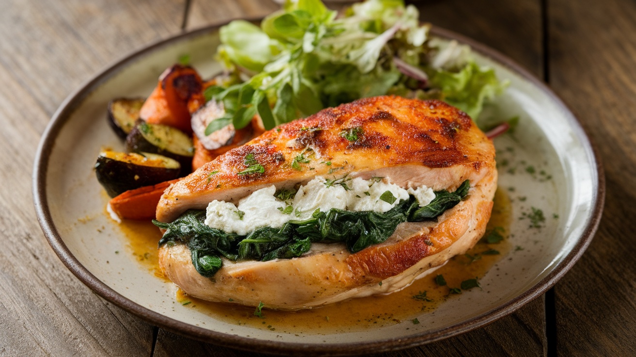 Golden-brown stuffed chicken breast filled with spinach and goat cheese, garnished with herbs on a rustic plate.