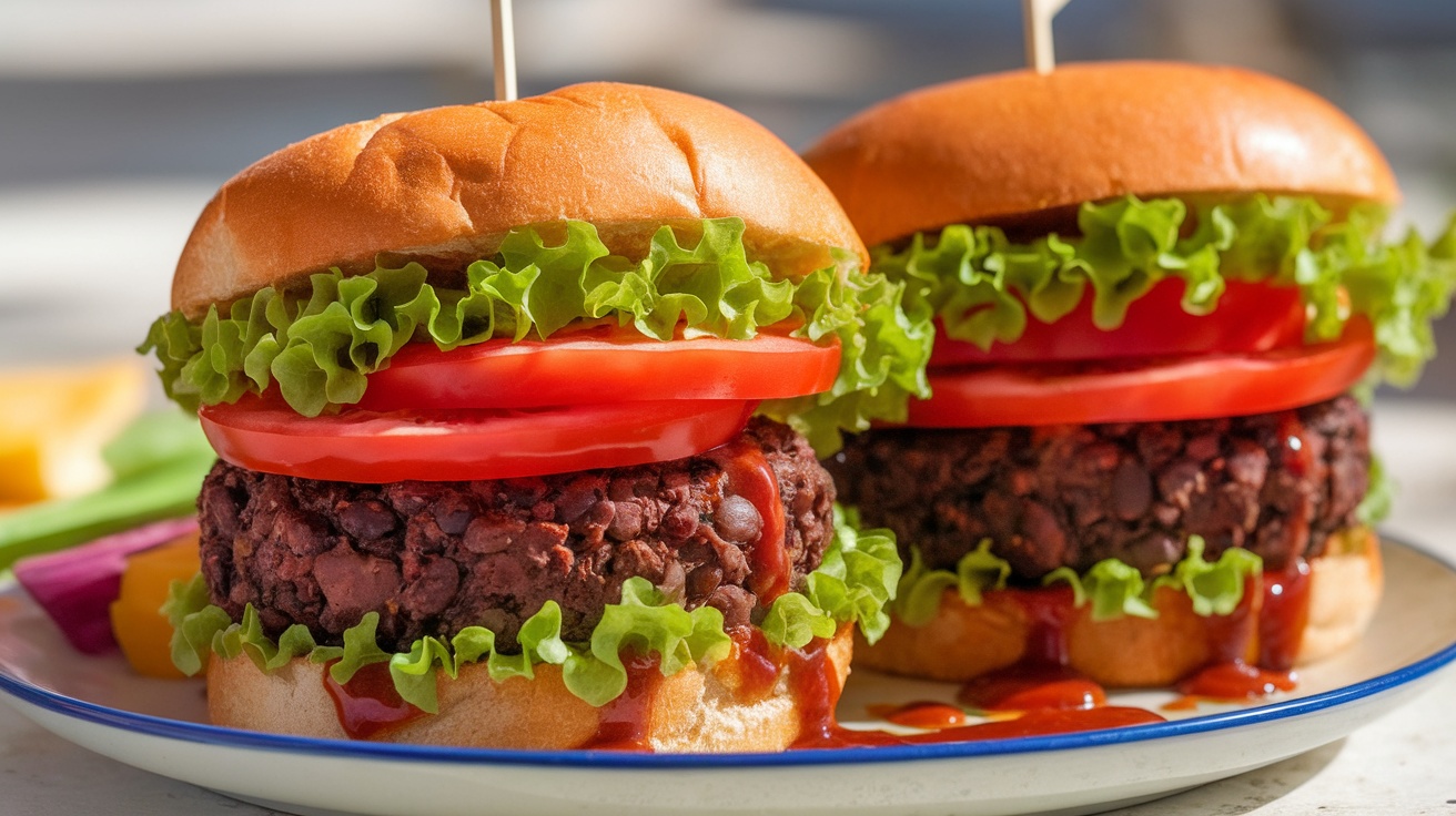 Two Vegan BBQ Black Bean Burgers with lettuce and tomato on toasted buns, served with colorful veggies.