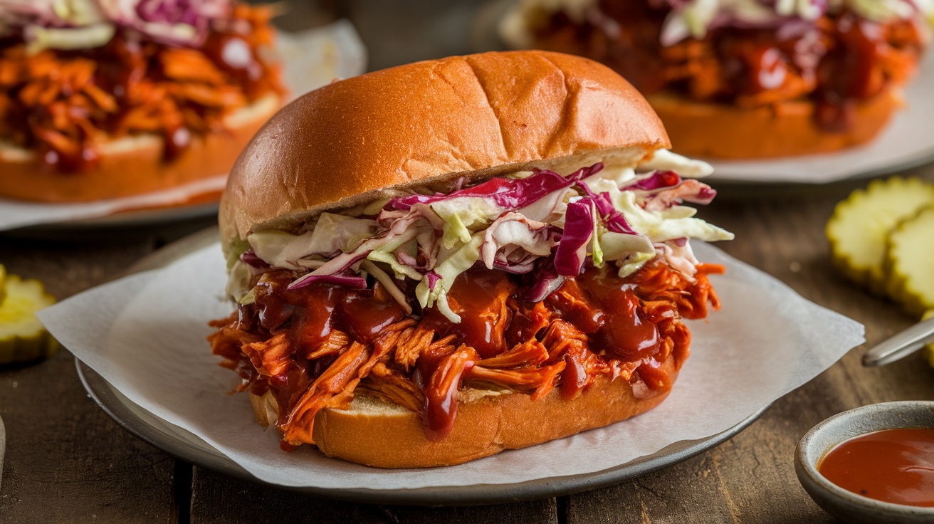 A vegan BBQ jackfruit sandwich with coleslaw on a rustic table, accompanied by pickles and extra BBQ sauce.