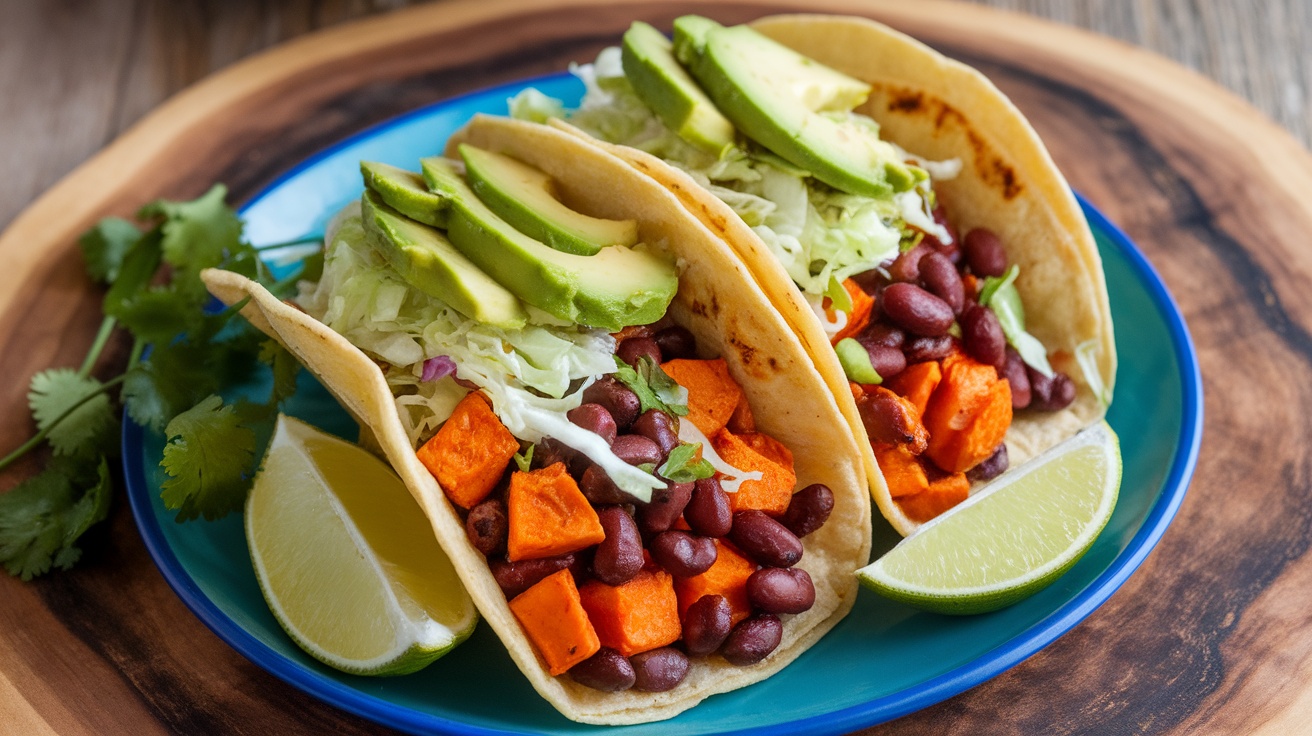 Colorful Vegan Chipotle Sweet Potato Tacos with sweet potatoes, black beans, avocado, and garnished with cilantro and lime.