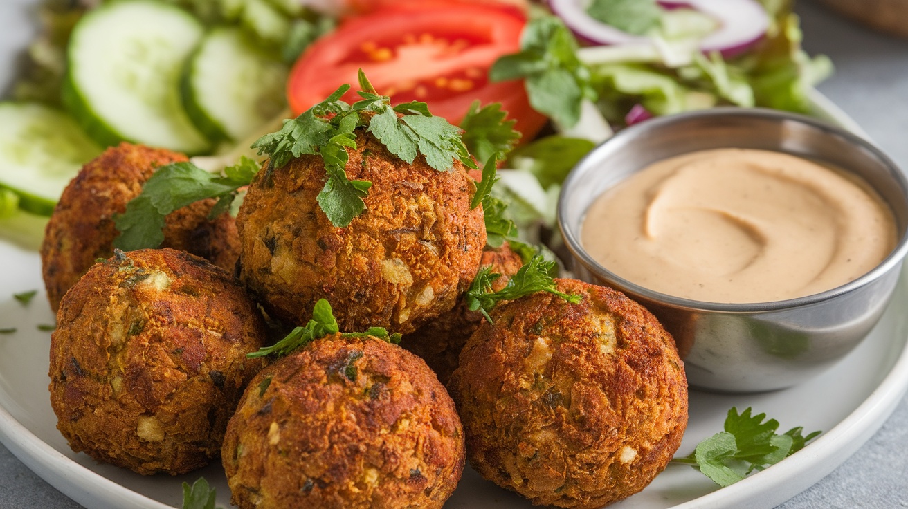 Crispy falafel balls on a plate with tahini sauce and fresh herbs, surrounded by salad ingredients.