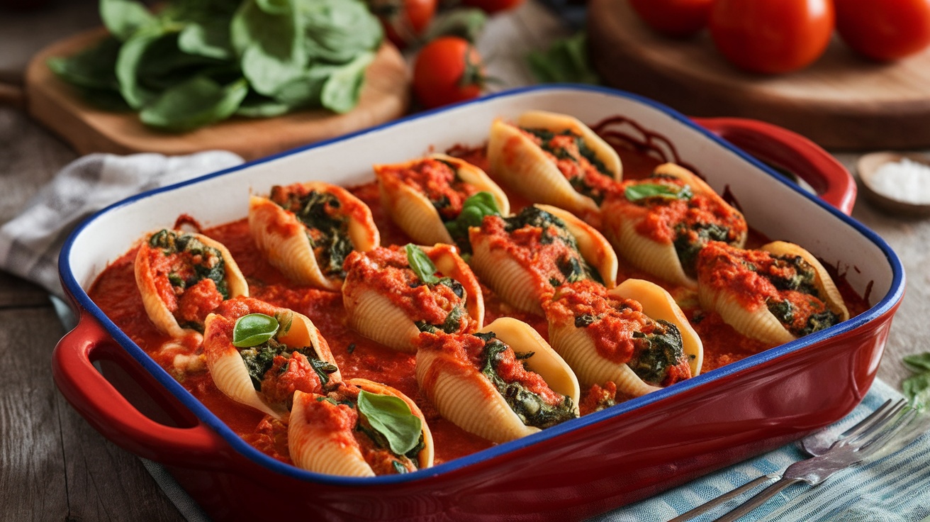 A baking dish filled with Vegan Stuffed Shells in marinara sauce, garnished with basil.