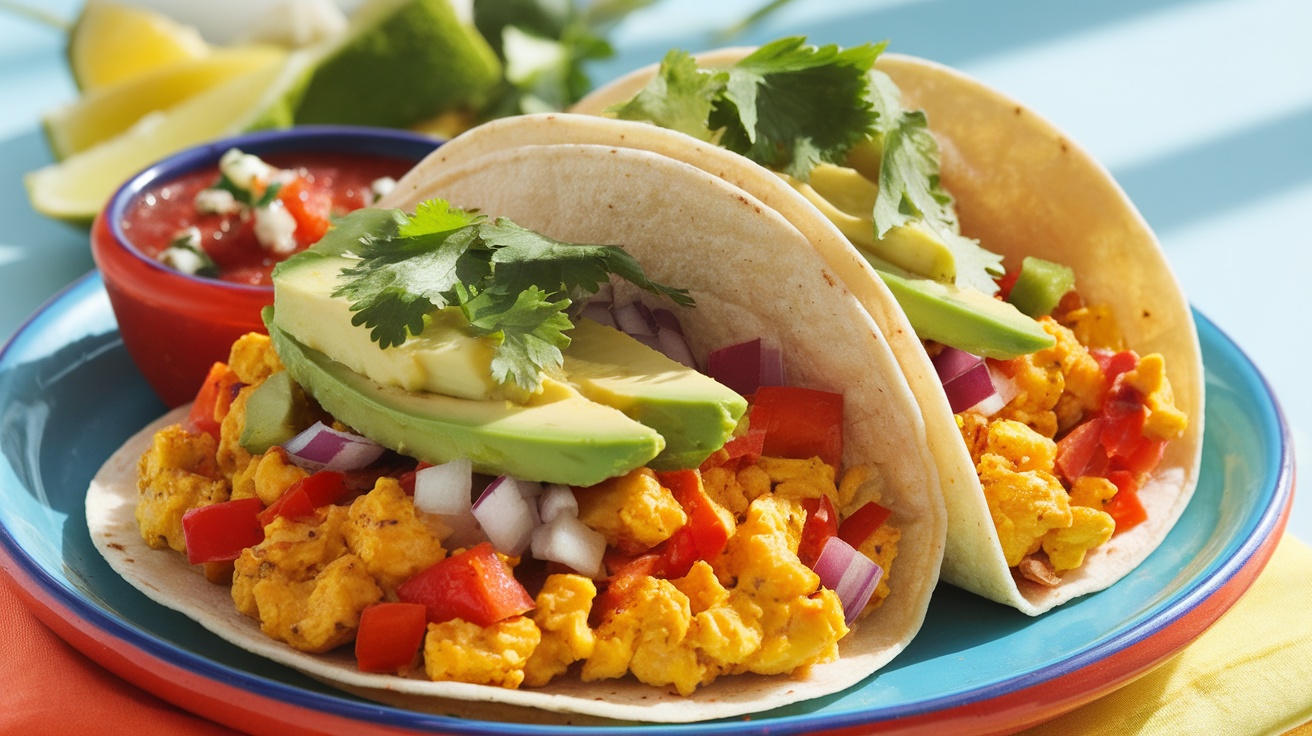 Vegan tofu scramble breakfast tacos with avocado and cilantro on a vibrant plate, served with salsa.